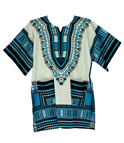Vipada Handmade's Traditional Dashiki Shirt for men and women White and Turquoise L