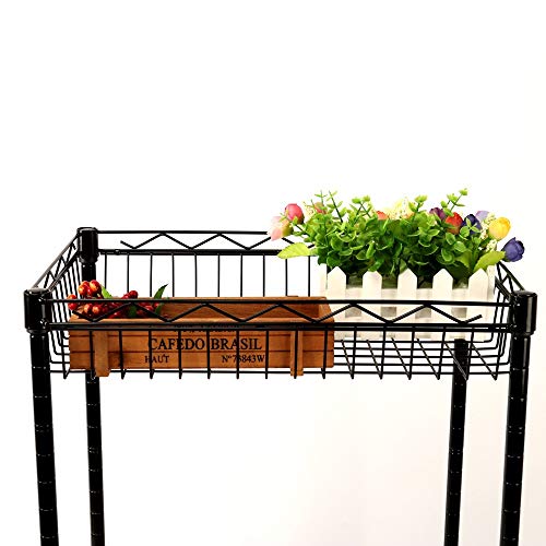 YOHKOH 3-Tier Metal Rolling Utility Cart, Storage Trolley Cart with Mesh Baskets and Lockable Wheels Adjustable Shelves for Bathroom Kitchen Office Black
