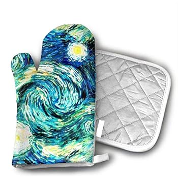 NoveltyGloves Starry Night Sky Swirly Stars Oven Mitts,Professional Heat Resistant Microwave BBQ Oven Insulation Thickening Cotton Gloves Baking Pot Mitts Soft Inner Lining Kitchen Cooking