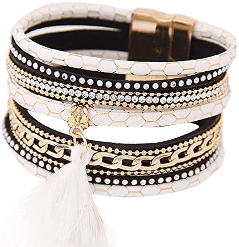 LuminosityLux New Fashion Bohemia Multilayer Leather Tassel Magnetic Charm Bangle Bracelet (White)