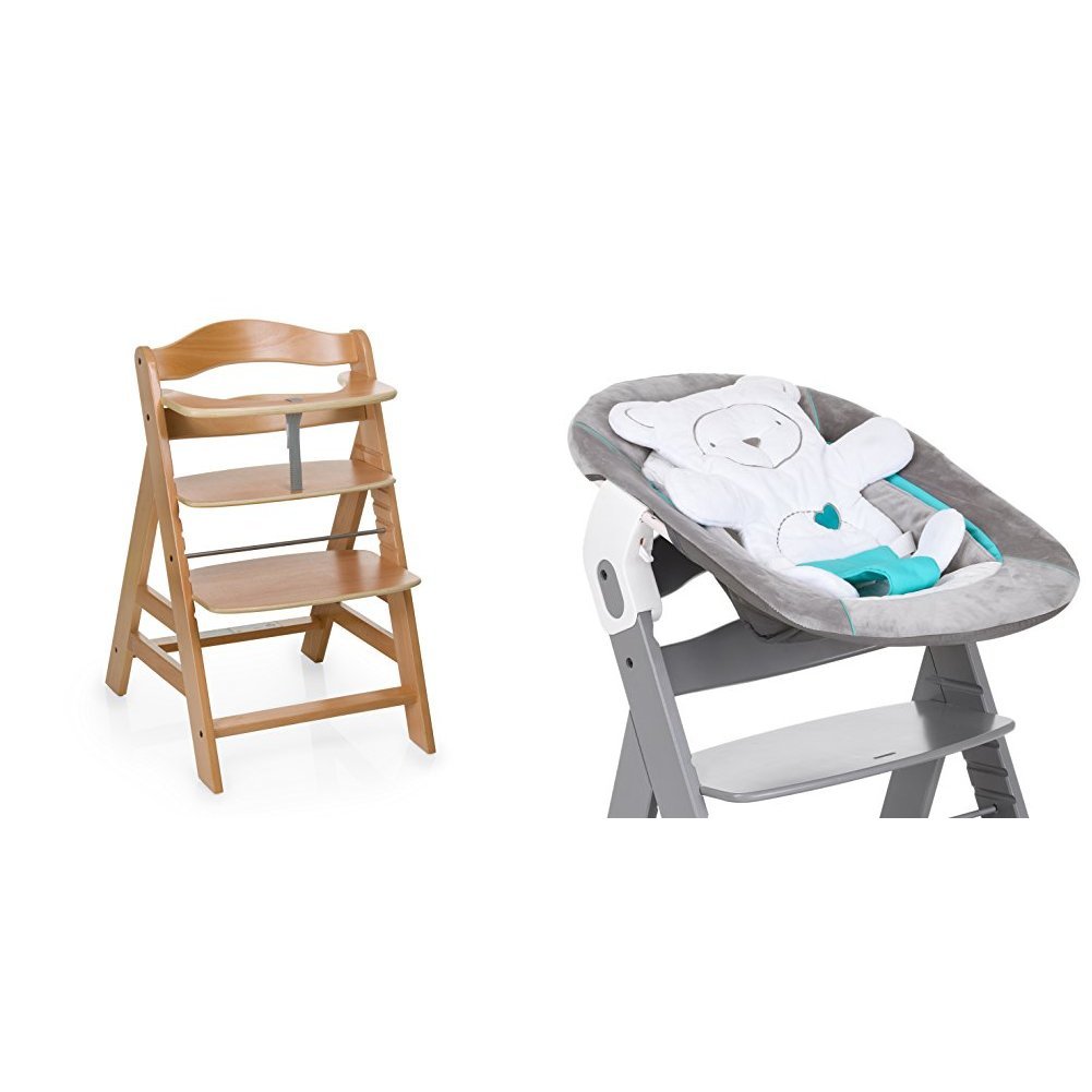 hauck Alpha+ Wooden Highchair - Natural + Alpha Bouncer 2 in 1 Grey