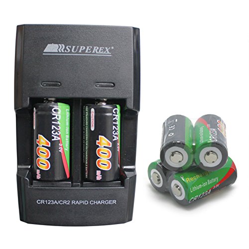 SUPEREX 6 PCS 3v 400 mAh CR123A 16340 Battery + Car Charger Dual Rapid Rechargeable Battery Charger for 3V CR123 Lithium Batteries