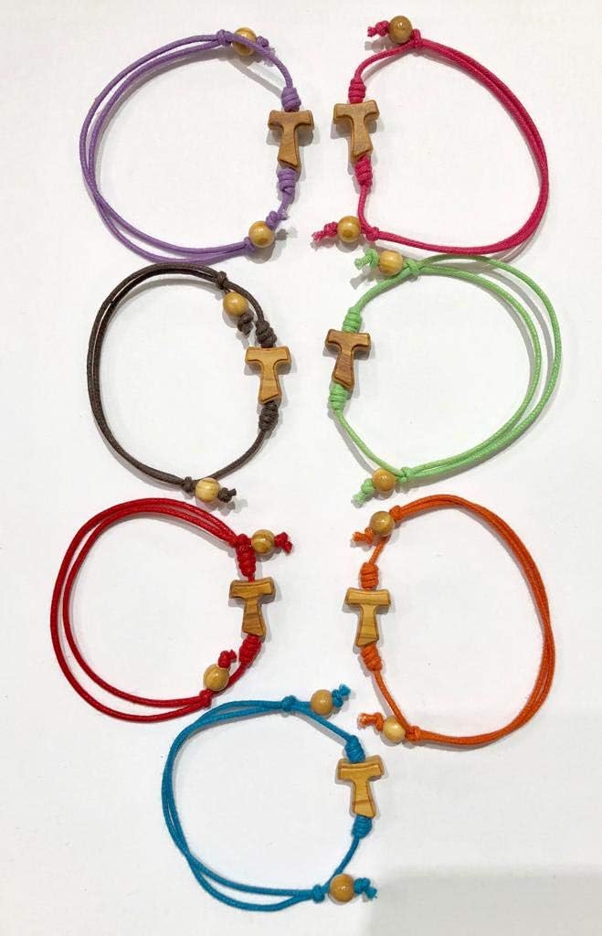 IL SOLE BRACCIALE REGOLABILE CON TAU SAN FRANCESCO ASSISI E PALLINE IN ULIVO COLORI VARI DA 10 A 50 PZ (10, Tau legno ulivo)