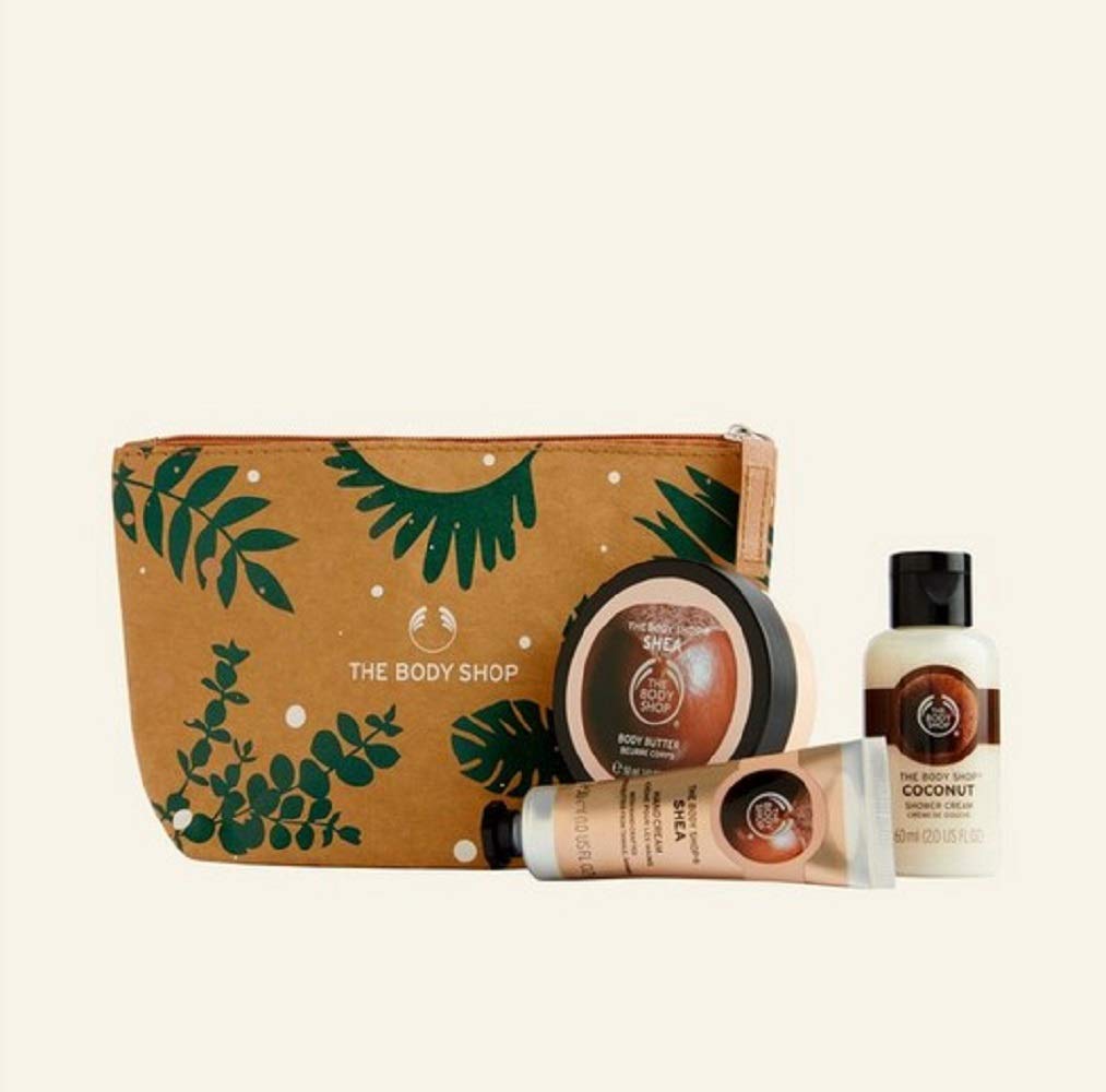 The Body Shop - 4 PC Mini Shea Set Hand Cream, Coconut shower Cream, Shea Body Butter Zip Bag TRAVEL GYM