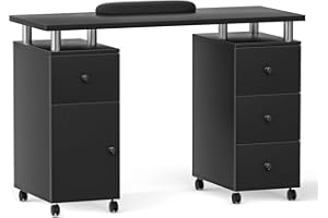 ABTSalon Nail Station Black Nail Desk for Nail Tech Table Rolling Nail Salon Table Acetone Resistant Wide Desktop Manicure Desk with Drawers (Basic Black)