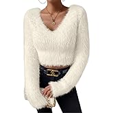 Fuzzy Sweater for Women Long Sleeve V Neck Crop Sweater Cute Plain Fitted Warm Crop Tops Knitwear Sweater Short Tops