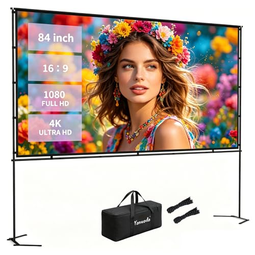 84" Projection Screen with Stable Stand - 4K HD 16:9 Canvas without Folding, 5 Min Quick Assembly, Ultra-Portable for Home Theater, Garden & Camping - Bag Included