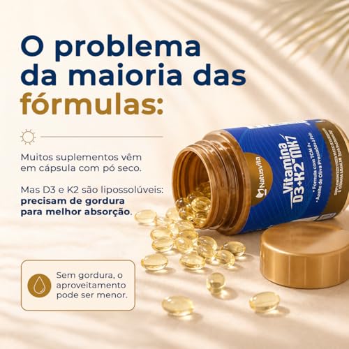 Vitamina D3 2.000 UI + K2 MK7 com TCM e Óleo de Oliva Prensado a Frio em Cápsulas