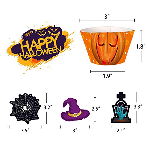 Halloween Cupcake Toppers Wrappers, Spider Witch's Hat Zombie Hand for Halloween Party Cupcake Decorations,48pcs.