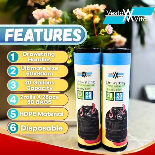 VESTA VITA - 60 * 80cm Black - pack of 2 rolls 50pcs - 20-25 Gallon Medium Garbage bag for home and office - Garbage bag small for kitchen use - Drawstring Trash bags - Plastic bags with handles
