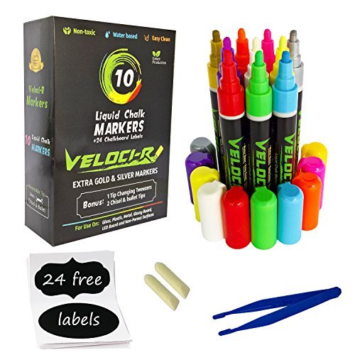 Liquid Chalk Markers -10 Pack Neon Color pens With Free 24 Chalkboard Labels.Reversible Bullet And Chisel Tip And A Brand New Revolutionary Cap.