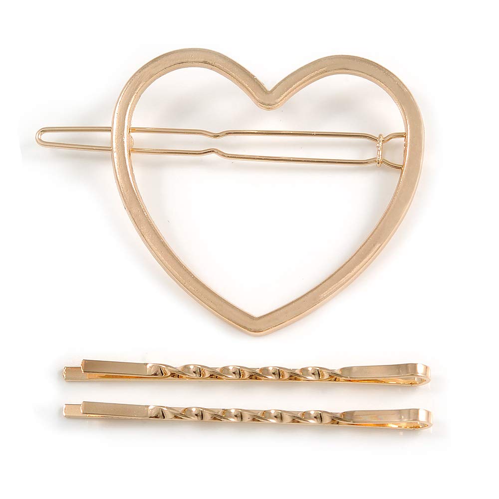 Set Of Twisted Hair Slides and Open Heart Hair Slide/Grip In Gold Tone Metal
