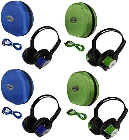 4 Pack Kid Sized Wireless Infrared Universal Car DVD IR Automotive Colored Adjustable 2 Channel Headphones With Case and 3.5mm Auxiliary Cord