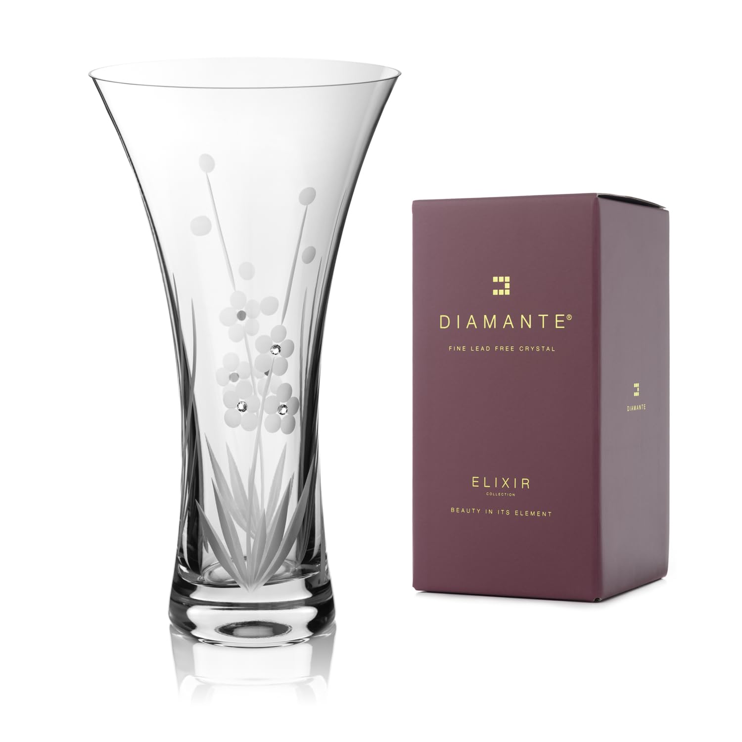 DIAMANTE Swarovski 'Marigold' Vase - Hand Cut Flowers Floral Pattern Trumpet Crystal Vase with Swarovski Crystals - 25cm gift boxed
