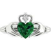 1.06 ct Heart Cut Created Emerald 14k White Gold Solitaire Claddagh Wedding Engagement Bridal Promise Ring Sz 3.5