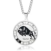 Zodiac Constellation Pendant Necklace Stainless Steel Round Disc Zodiac Sign Necklace for Women Men Birthday Gift Jewelry