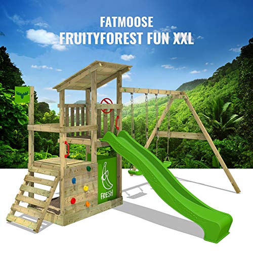 FATMOOSE Spielturm Klettergerüst FruityForest Fun XXL mit Schaukel & apfelgrüner Rutsche, Outdoor Kinder Kletterturm mit Sandkasten, Leiter & Spiel-Zubehör für den Garten – Bild 5