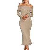 LILLUSORY Women's Off The Shoulder Sweater Dress Bodycon Maxi Long Sleeve Party Dresses