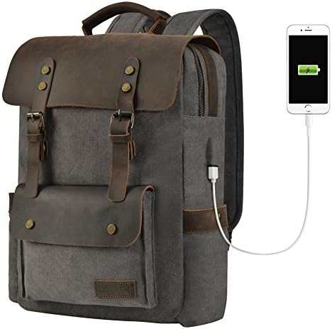 kopack Canvas Laptop Backpack USB Charging 15.6 Inch Vintage Genuine Leather College Backpack