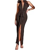 Floerns Women's Deep V Neck Halter Dress Bow Ruched Split Evening Bodycon Maxi Dresses