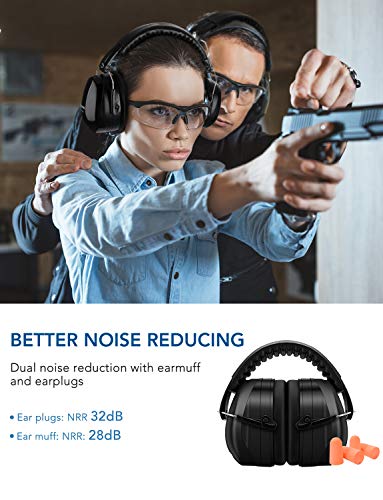 Mpow Noise Reduction Safety Ear Muff with Ear Plugs, Double Noise Reduction NRR 28dB Earmuff with NRR 32dB Earplugs, Professional Ear Protection for Shooting, Hunting, Mowing, Woodworking, Weeding - Thumbnail 2
