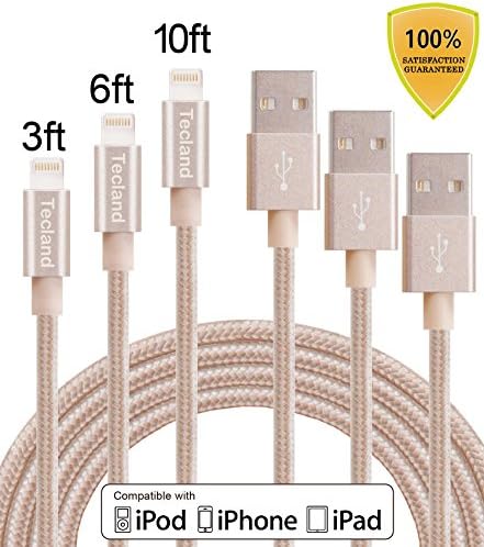 Tecland 3Pack 3FT 6FT 10FT Lightning Cable Nylon Braided Lightning to USB Charging Cord Charger for iPhone 6s,6, 6plus,6s plus, iPhone 5s 5 5c SE, iPad &amp; iPod (gold)