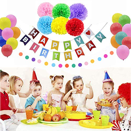 Birthday Decorations Party Supplies, 55PCS Colorful Birthday Decorations, Happy Birthday Banner, 6 Pom Poms Flowers, Round Paper Garland, 12 Hanging Swirl, 30 Balloons for Party Supplies