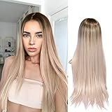 Lady Miranda Ombre Wig Brown To Ash Blonde Silky Straight High Density Heat Resistant Synthetic Hair Weave Full Wigs For Women (24