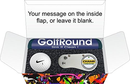 Birthday Golf Gift Set (Short Game Essentials) GolfRound Towel - Nike Golf Ball - FLIX Repair Tool - Golf Greeting Card - Packaging (Without Gift Tag)