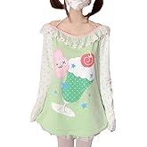 Womens Y2K Kawaii Print Sweatshirt Off Shoulder Lace Patchwork Tops Cute Japanese Graphic Casual T-Shirt