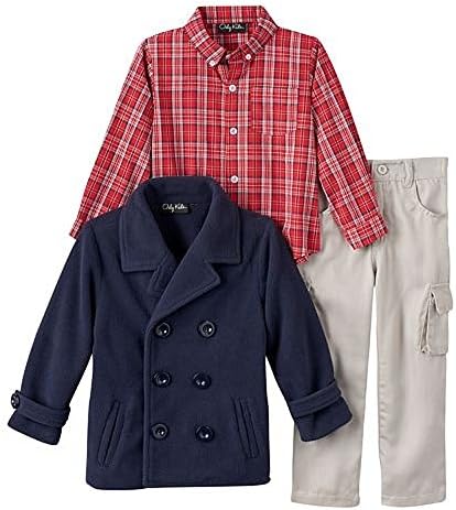 Kids OnlyOnly Kids Boys Three Piece Mikey Pea Coat Plaid Button Down Shirt and Pants Set Navy Three 6M