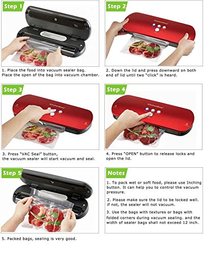 Vacuum Sealer Machine KitchenBoss for Dry & Moist Foods Preservation Automatic Vacuum Sealing System, Intelligent LED Indicator Lights, Manual Inching Function with 20 vacuum bags(Color: Red) - Thumbnail 4