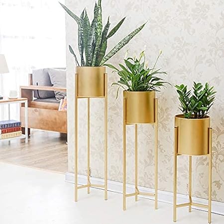 Weston Crafts Modern Metal Floor Flower Stands for Living Room Bedroom Display Plant Stand Tall Indoor Plant Stand with Planter Pot -Set of 3 (Gold)