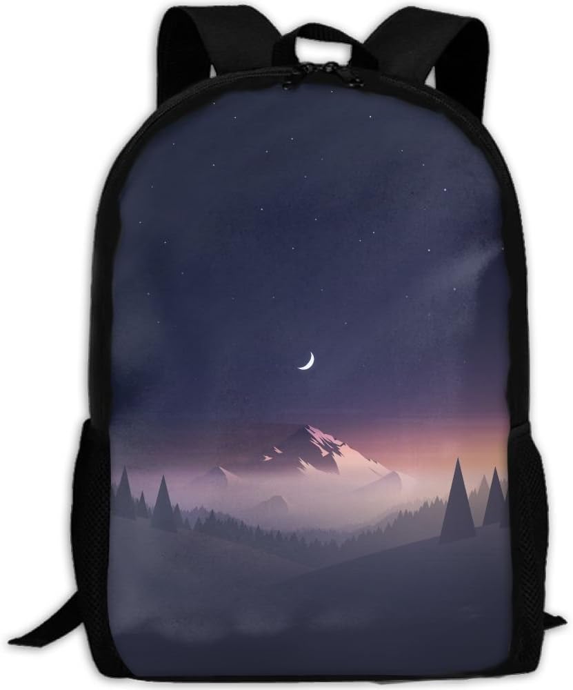Digital Art Nature Mountains Portrait Display Moon Stars Night Mist Trees Forest Minimalism Hills Clear Sky Starry Night Fashion Outdoor Shoulders Bag Durable Travel Camping Backpack For Adult