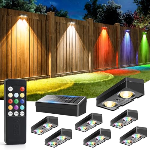 JOFIOS Fence Lights Solar Powered with Remote, 9 Fixed Colors 12 Modes, Solar Fence Lights Outdoor Waterproof, Warm/Cool White, RGB LED Deck Lights for Step/Yard/Railing/Balcony/Patio/Outside, 8 Pack