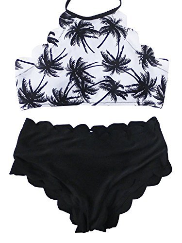 SOLYHUX Women's Palm Tree Print Scalloped Trim Halter Bikini Set Black & White S
