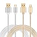 Micro USB Cable Braided 10ft, X-EDITION Pack-2 High Speed 10ft 3m Premium Nylon Braided Charger Cord for Android Samsung Galaxy S4 S6 S7 Edge A7 A9 HTC Motorola Nokia and More (Gold,Silver)
