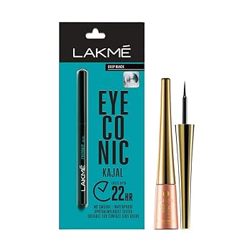 Lakme Eyeconic Kajal, Black, 0.35g with Lakme 9 to 5 Impact Eye Liner, Black, 3.5ml