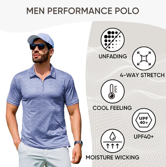 JMIERR PREMIUM GOLF SHIRTS FOR MEN MOISTURE WICKING QUICK DRY PRINT PERFORMANCE ZIPPER COLLARED POLO SHIRT, S, DARK BLUE