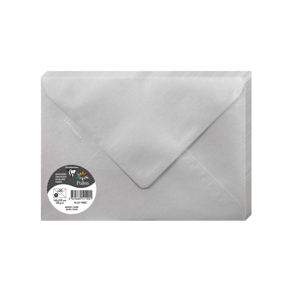 Clairefontaine 51190C Silver Iridescent Paper Pack of 20 Gummed Envelopes C5 16,2x22,9cm 120gsm Invitation Events Correspondence Pollen Range Premium Smooth — image 1