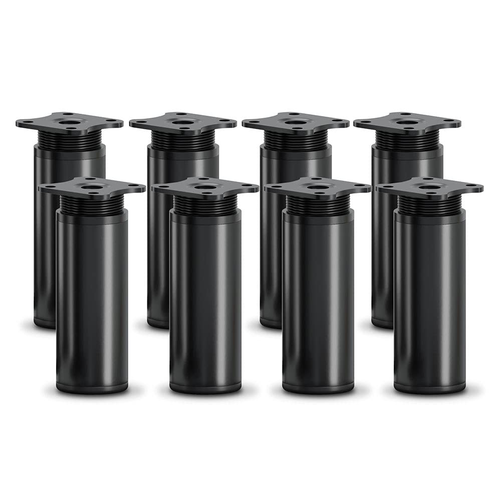 sossai® MFR1 Designer Furniture Feet Height Adjustable Set of 8 Round Profile Diameter 40 mm Colour: Black Matt Height: 100 mm (+20 mm) Material: Aluminium | Wood Screws Included