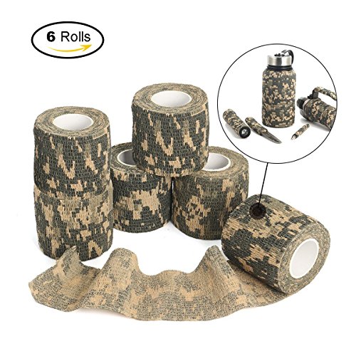 OUTERDO 6 Rolls 14.8x0.16ft Military Camouflage Tape Camo Wrap Outdoor Self-adhesive Protective Camo Form Non-woven Fabric Camo Stretch Bandage for Hunting Gun,Knives,Flashlight,Telescope,ACU Camo
