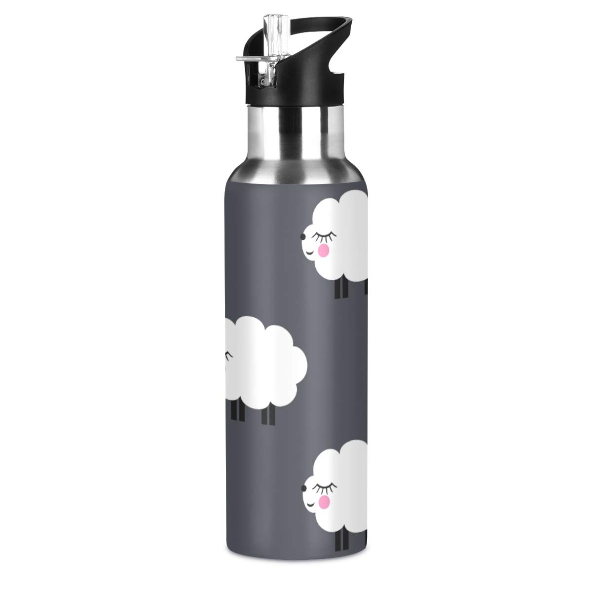 Mnsruu Cute Vintage White Sheep Water Bottle Thermos with Straw Lid for Boys Girls,600 ml,Leakproof Stainless-Steel Sports Bottle for Women Men Teenage