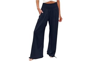 Carydety Womens Linen Palazzo Pants Wide Leg High Waisted Lounge Casual Long Pants with Pockets Beach Travel Vacation Outfits