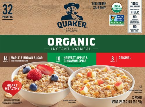 QUAKER INSTANT OATMEAL, USDA ORGANIC, NON-GMO PROJECT VERIFIED, 3 FLAVOR VARIETY PACK, INDIVIDUAL PACKETS, 32 COUNT (PACK OF 1)
