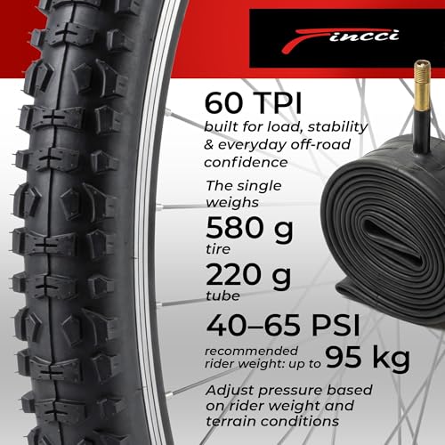 Fincci Copertone MTB 26 x 1,95 Pollici - Coppia Pieghevole Pneumaticos 60 TPI - con 2x Valvole Interne Cameras d’Aria - per MTB Montagna Ibrida Bici Bicicletta - Confezione da 2