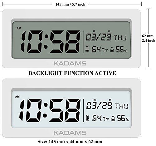 KADAMS Battery Digital Alarm Clock with Snooze, Backlight, Calendar Month Date Day, Temperature and Humidity, Low Battery Indicator, Small Portable Travel Clock, Desk Clock for Shelf Table - White