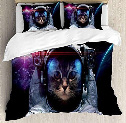 Fantasy Star Twin XL Extra Long Bedding Set, Space Cat Duvet Cover Set, Cosmonaut Kitty in Galaxy Cosmos Nebula Stars with Eclipse Image, Include 1 Flat Sheet 1 Duvet Cover and 2 Pillow Cases