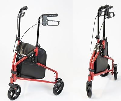 NRS Healthcare 3 Wheel Steel Rollator Walker Red with Bag, Adjustable Height