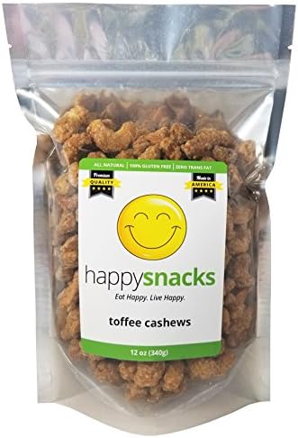 Happy Snacks Toffee Cashews - Sweet &amp; Crunchy Candied Cashews Perfect for Snacking, Salads &amp; Desserts - Resealable Pouch (12 oz)